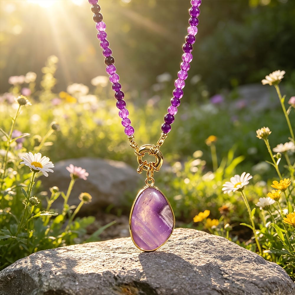 Women's Amethyst Beaded Necklace with Teardrop Pendant, Boho Style